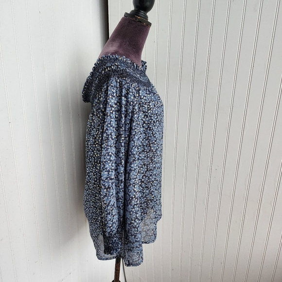 Michael Kors Women’s Blue Gold Off Shoulder Smocked Stretch Semi Sheer Sz L - Picture 6 of 12